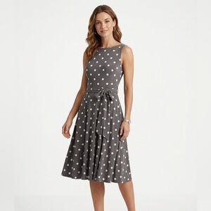 LAUREN Ralph Lauren Polka Dot Sleeveless Tie-Waist Dress - Gray with White Dots